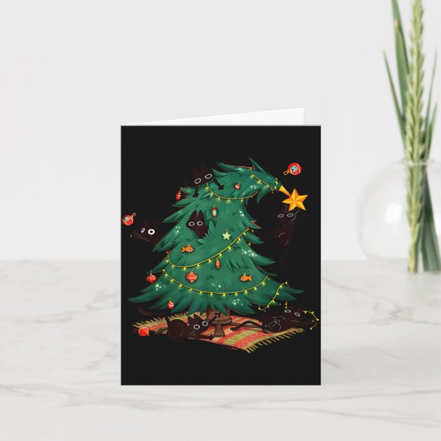 Funny Black Cats Christmas Xmas Tree Family Pajama Card (Front)