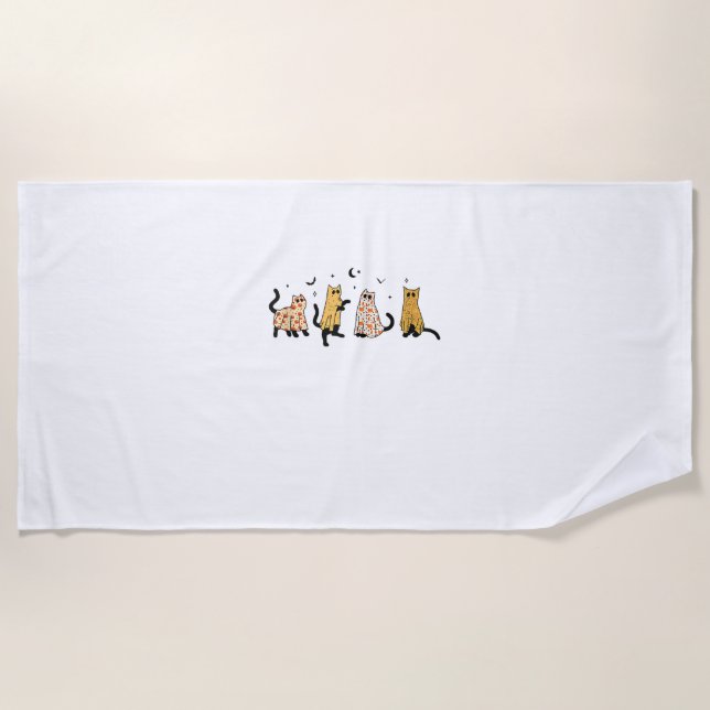Funny Black Cats Ghost Halloween Pattern Cat Lover Beach Towel (Front)