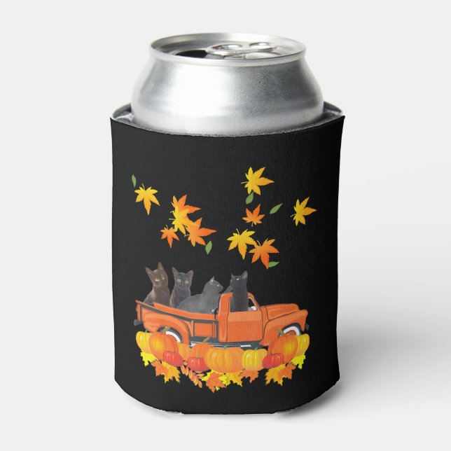 Funny Black Cats Truck Autumn Pumpkin Maple Leaf Can Cooler (Can Front)