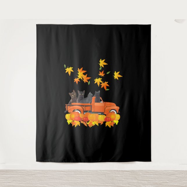 Funny Black Cats Truck Autumn Pumpkin Maple Leaf Tapestry (Front)