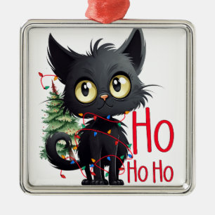 FUNNY BLACK CHRISTMAS CAT WITH TREE METAL TREE DECORATION