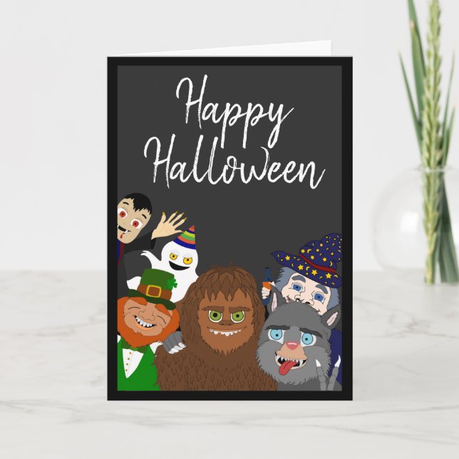 Funny Black Cute Monsters Happy Halloween Party Card (Front)