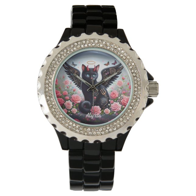 Funny Black Demon and Angel Cat  Watch (Front)