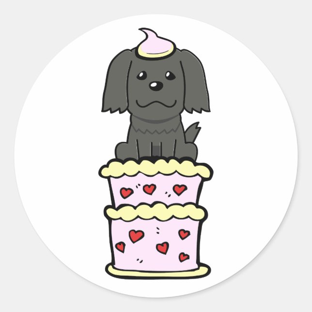 Funny black dog jumping out of a cake classic round sticker (Front)