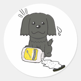 Funny black dog spilled mayonnaise classic round sticker