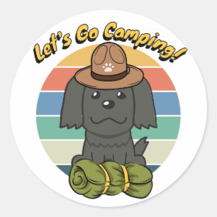 Funny black dog wants to go camping classic round sticker