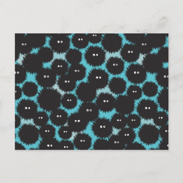 Funny black fluffy monsters  announcement postcard (Front)