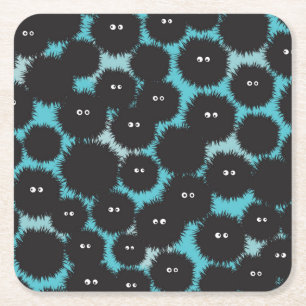 Funny black fluffy monsters  square paper coaster