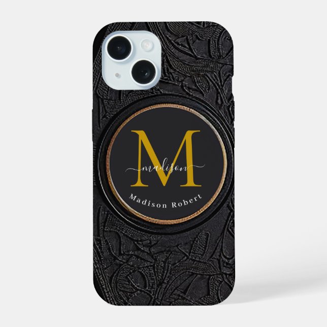 Funny Black Golden Luxury Script Monogram Initial iPhone 15 Case (Back)