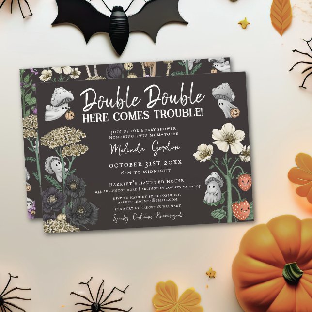 Funny Black Halloween Ghosts Twins Baby Shower Invitation (Double Double Here comes trouble twin baby shower invitations for Halloween theme baby shower)