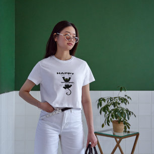 funny black happy cat meowtines day white T-Shirt