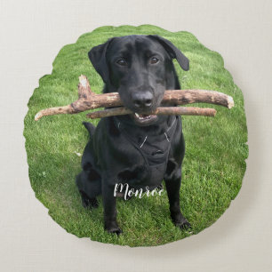 Funny Black Lab Pet Personalized Name and Photo Round Cushion