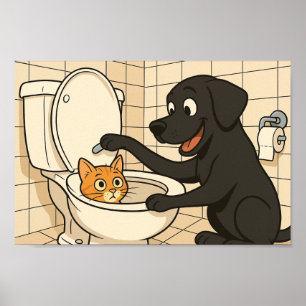 Funny Black Labrador and Cat Bathroom Art  Poster