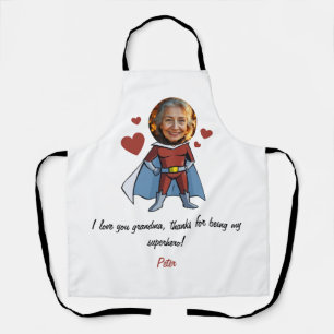 Funny Black & Maroon Cartoon Superhero Grandma Apron