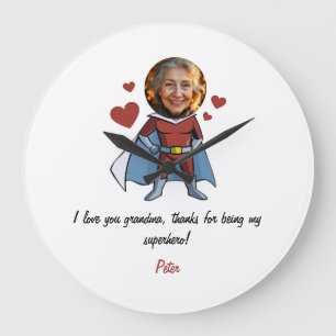 Funny Black & Maroon Cartoon Superhero Grandma Large Clock