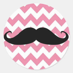 Funny Black Moustache And Pink Chevron Pattern Classic Round Sticker