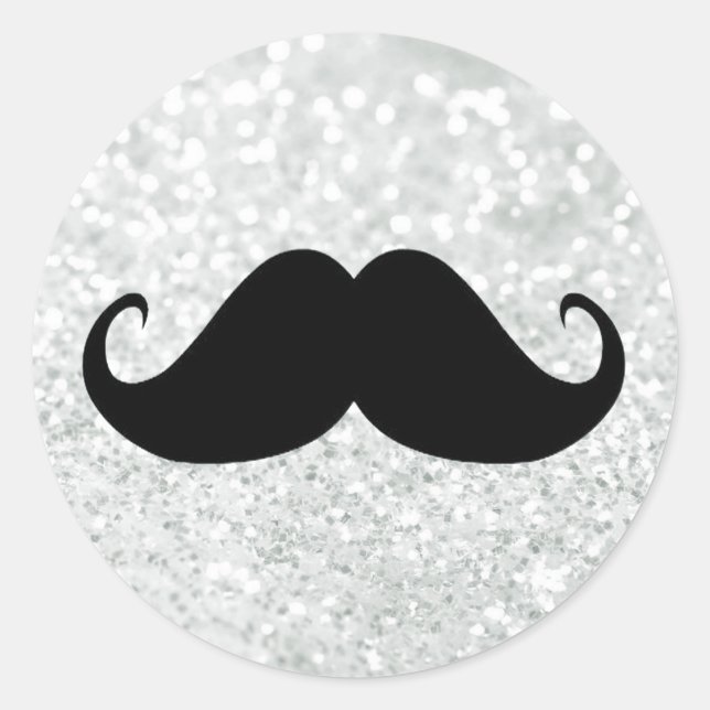 Funny Black Moustache And White Sparkle Bling Classic Round Sticker (Front)
