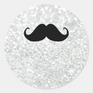 Funny Black Moustache And White Sparkle Bling Classic Round Sticker