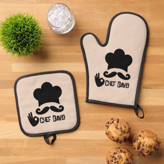 Funny Black Moustache Chef Custom Oven Mitt & Pot Holder Set (Top Down)