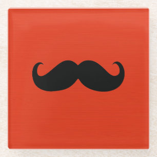 Funny Black Moustache on Orange Red Background Glass Coaster
