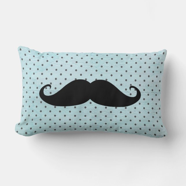 Funny Black Moustache On Teal Blue Polka Dots Lumbar Cushion (Front)