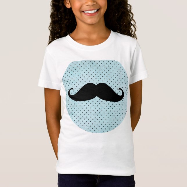 Funny Black Moustache On Teal Blue Polka Dots T-Shirt (Front)