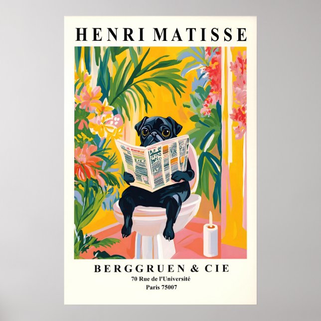 Funny Black Pug Bathroom Print Matisse Style (Front)