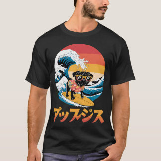 Funny Black Pug Dog Japanese Kanagawa Wave T-Shirt