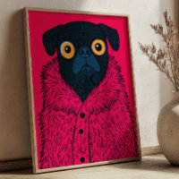 Funny Black Pug in Pink Fur Animal Fashion Art