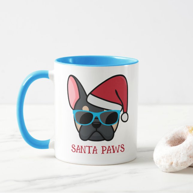 Funny Black Tan Frenchie Santa Paws Christmas Mug (With Donut)