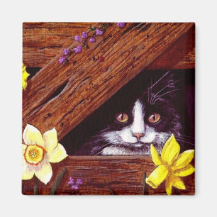 Funny Black White Cat Daffodils Creationarts Magnet