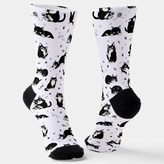 Funny Black & White Cat Pattern Cat Lovers Socks (Angled)