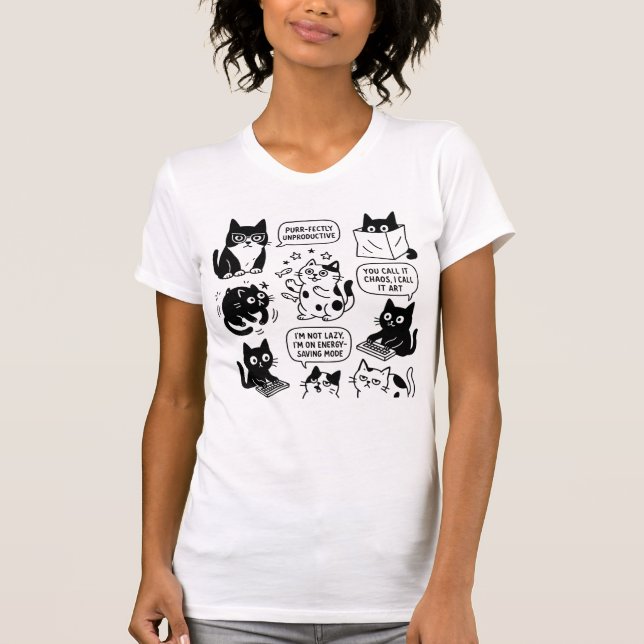 Funny Black & White Cat Pattern T-Shirt  (Front)