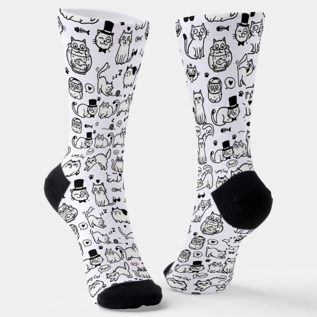 Funny Black & White Cats Pattern Cat Lovers Socks (Angled)