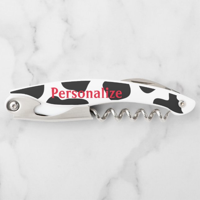 Funny black white cow spots corkscrew opener gift (Front)