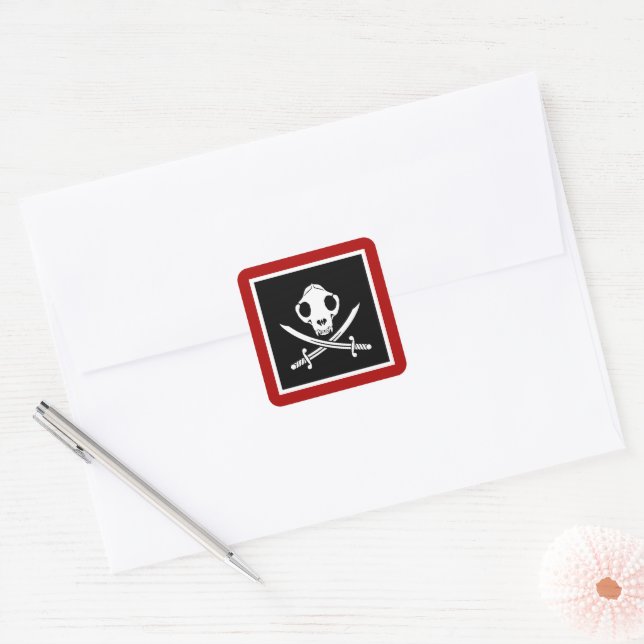 Funny Black White Jolly Kitty Pirate Skull Bone Square Sticker (Envelope)