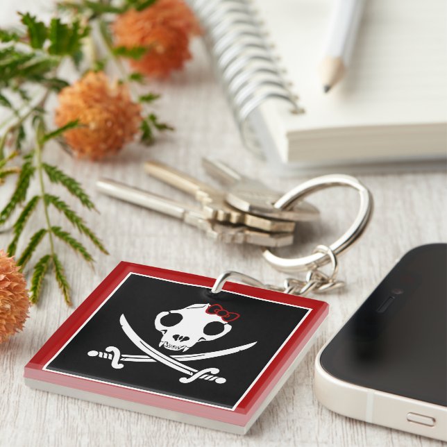 Funny Black White Jolly Kitty Pirate Skull Bones Key Ring (Front Right)