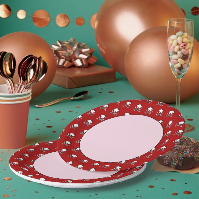 Funny Black White Jolly Kitty Pirate Skull Bones Paper Plate (Multi)