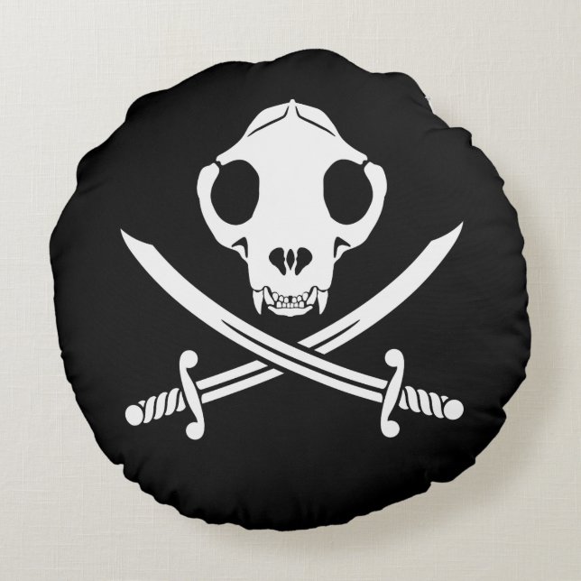 Funny Black White Jolly Kitty Pirate Skull Bones Round Cushion (Back)