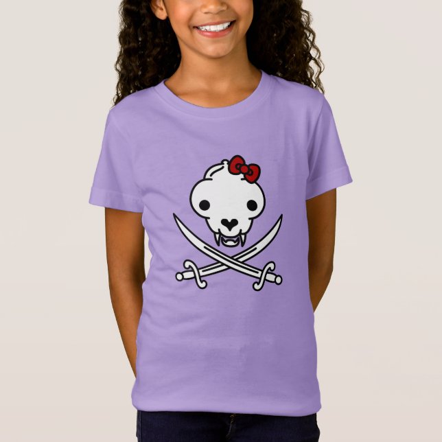 Funny Black White Jolly Kitty Pirate Skull Bones T-Shirt (Front)