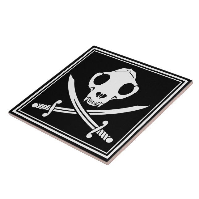 Funny Black White Jolly Kitty Pirate Skull Bones Tile (Side)