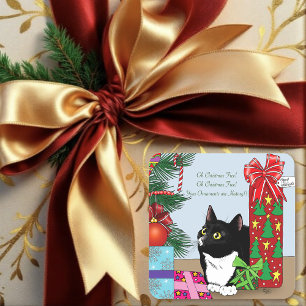 Funny Black White Tuxedo Cat Christmas Tree Square Sticker