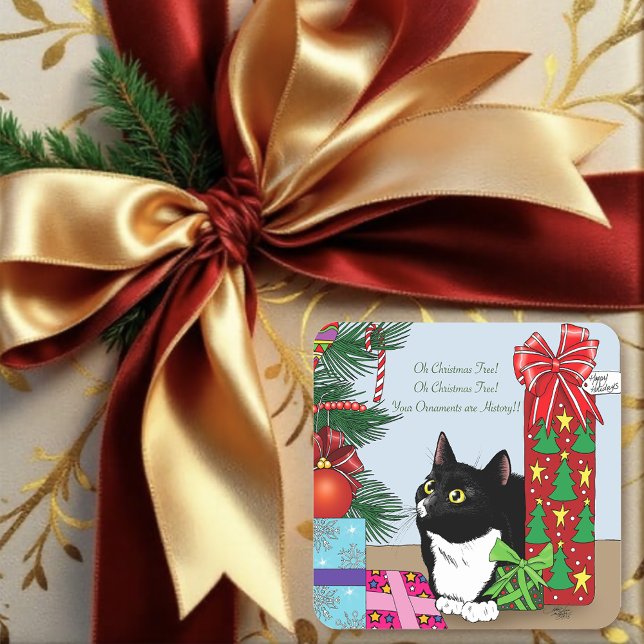 Funny Black  White Tuxedo Cat Christmas Tree Square Sticker (Creator Uploaded)