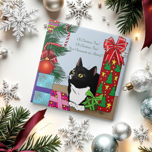 Funny Black  White Tuxedo Cat Christmas Tree Tile (Creator Uploaded)