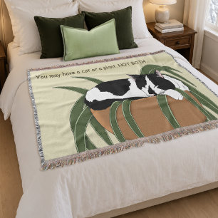 Funny Black White Tuxedo Cat Sleeping Houseplant Throw Blanket