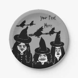 funny black witches spooky scary halloween design paper plate