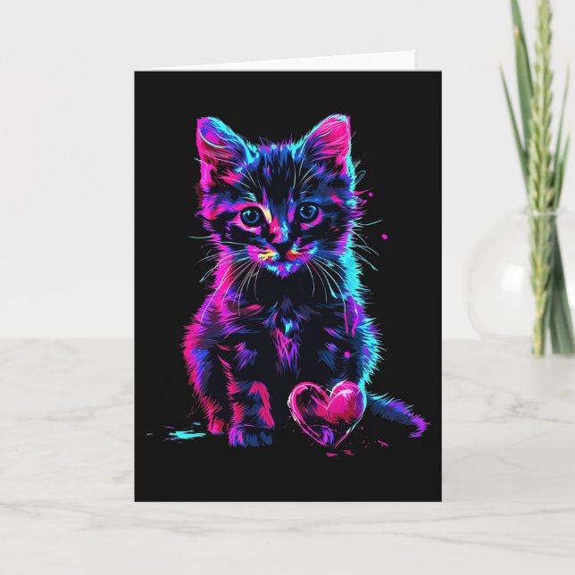 Funny Blacklight Glitch Art Cute Cat Kitten Valent Card (Front)