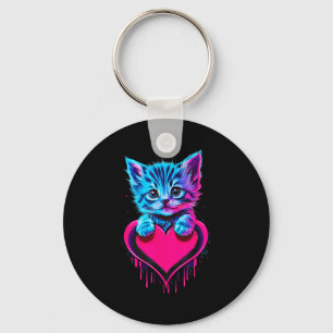 Funny Blacklight Glitch Art Cute Cat Kitten Valent Key Ring