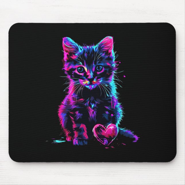 Funny Blacklight Glitch Art Cute Cat Kitten Valent Mouse Pad (Front)