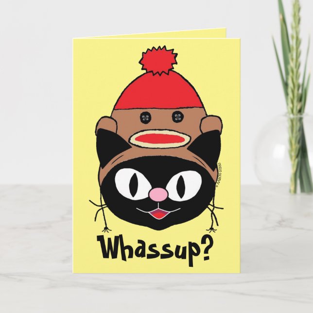 Funny Blank Inside Cartoon Cat w/ Sock Monkey Hat Card (Front)